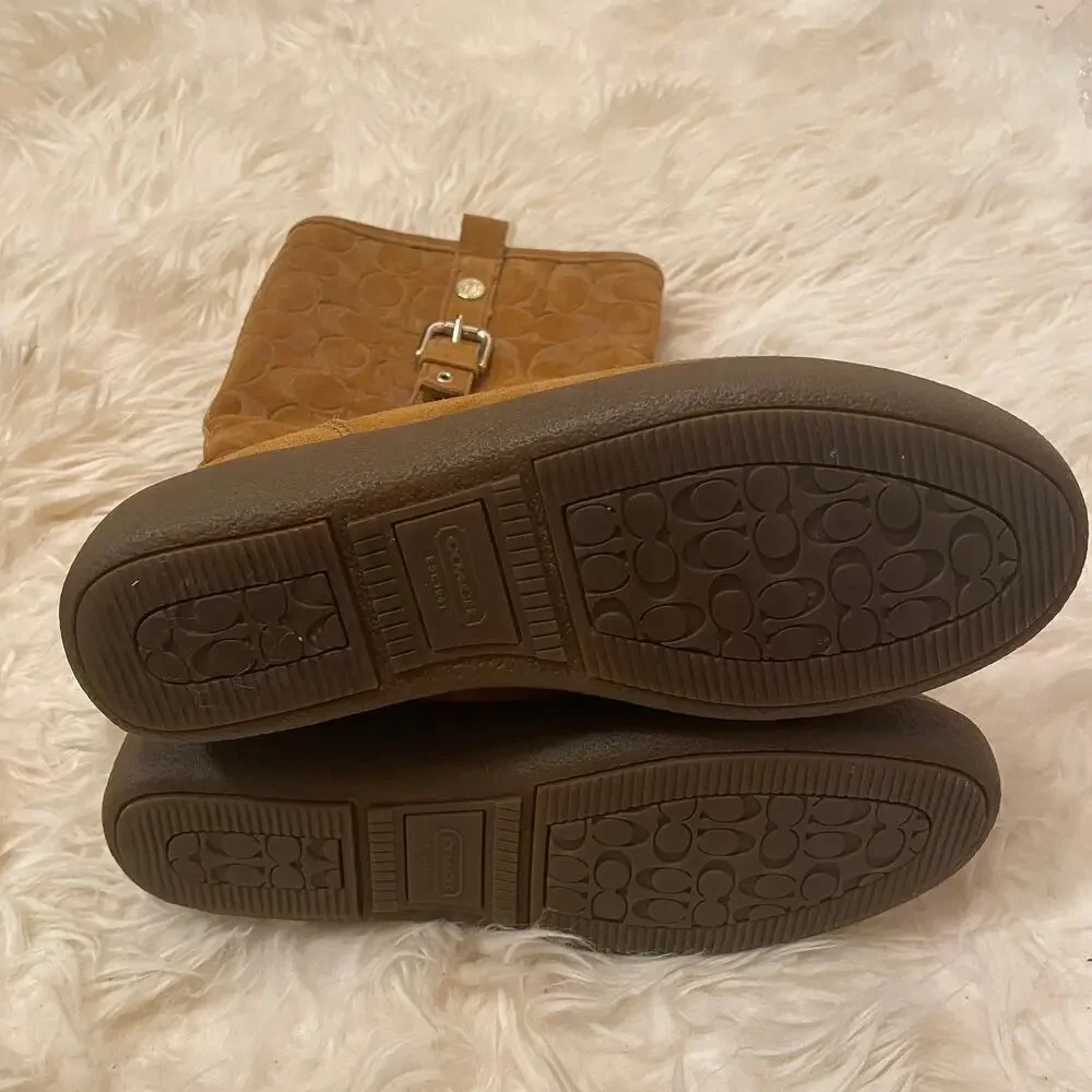Coach Tulip Tullip Boots 8.5 | Honey Tan Suede Leather Fur, Signature C Embossed